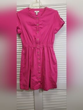 Halston L Pink Shirt Dress Short Sleeve Button Front Pockets Elastic Waist